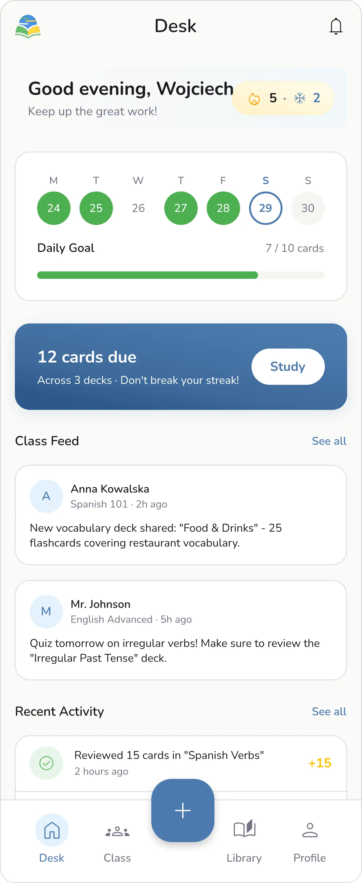 Aplikacja BlendLearn — ekran Desk