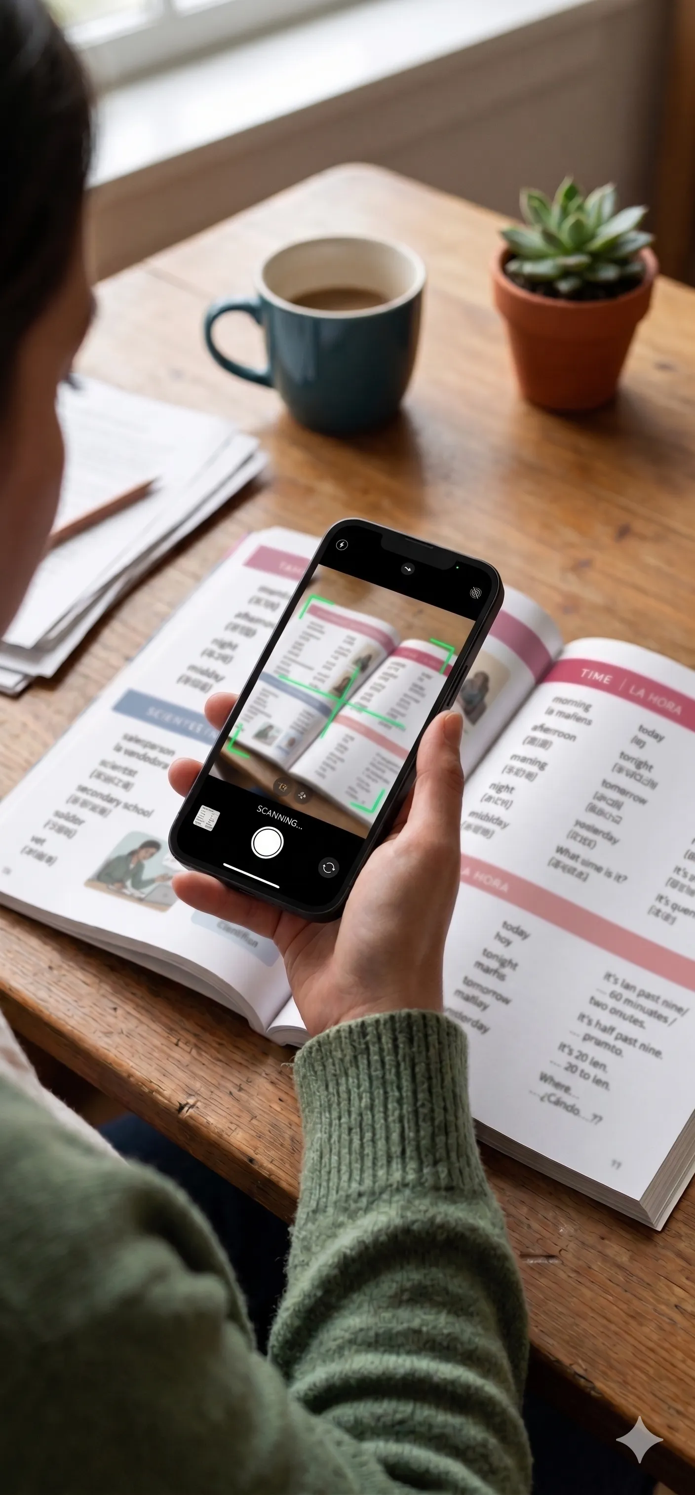 Nauczyciel skanujący podręcznik smartfonem